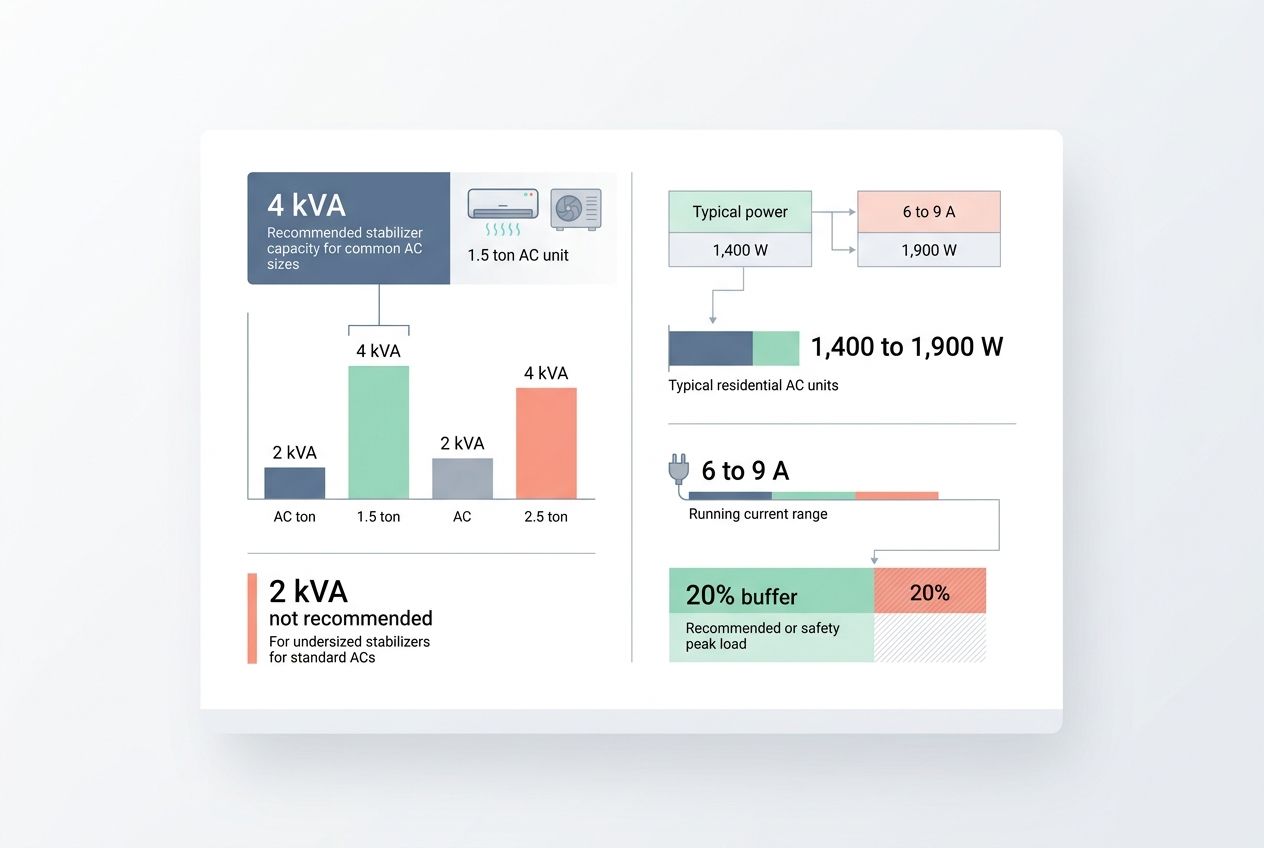 A digital chart showing practical kVA sizing, running watts, and amps for a 1.5 ton AC. A digital chart showing practical kVA sizing, running watts, and amps for a 1.5 ton AC.