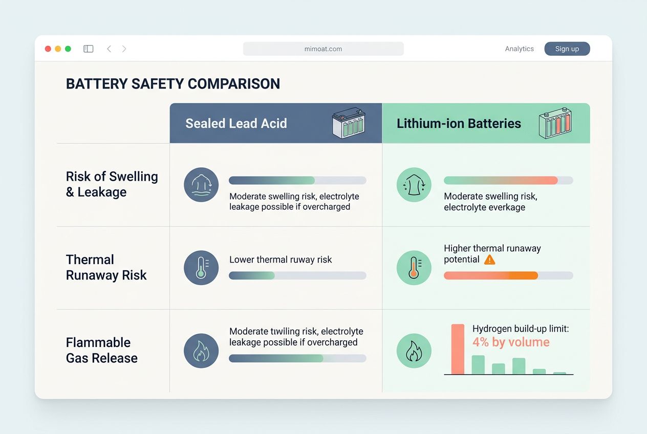 A digital comparison dashboard showing the risks and safety steps for Sealed lead acid and Lithium-ion batteries. A digital comparison dashboard showing the risks and safety steps for Sealed lead acid and Lithium-ion batteries.