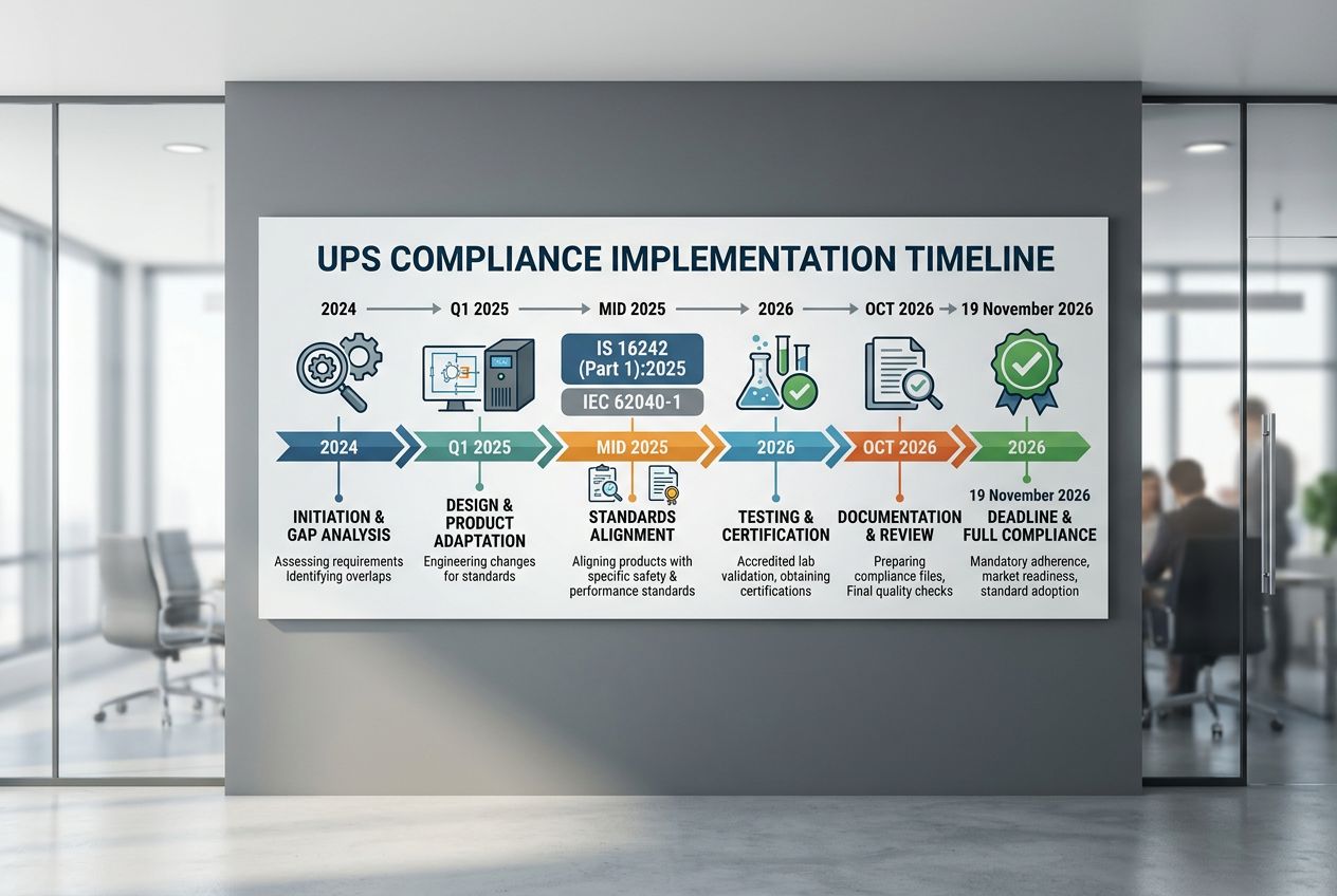 A professional timeline infographic displaying UPS compliance standards and the November 2026 deadline. A professional timeline infographic displaying UPS compliance standards and the November 2026 deadline.