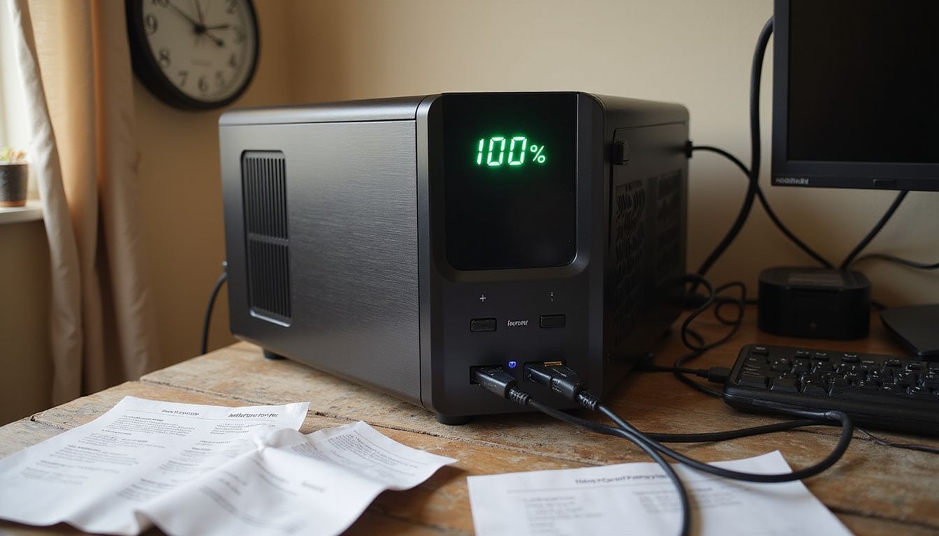 A functional home office featuring a UPS, PC, and scattered manuals.