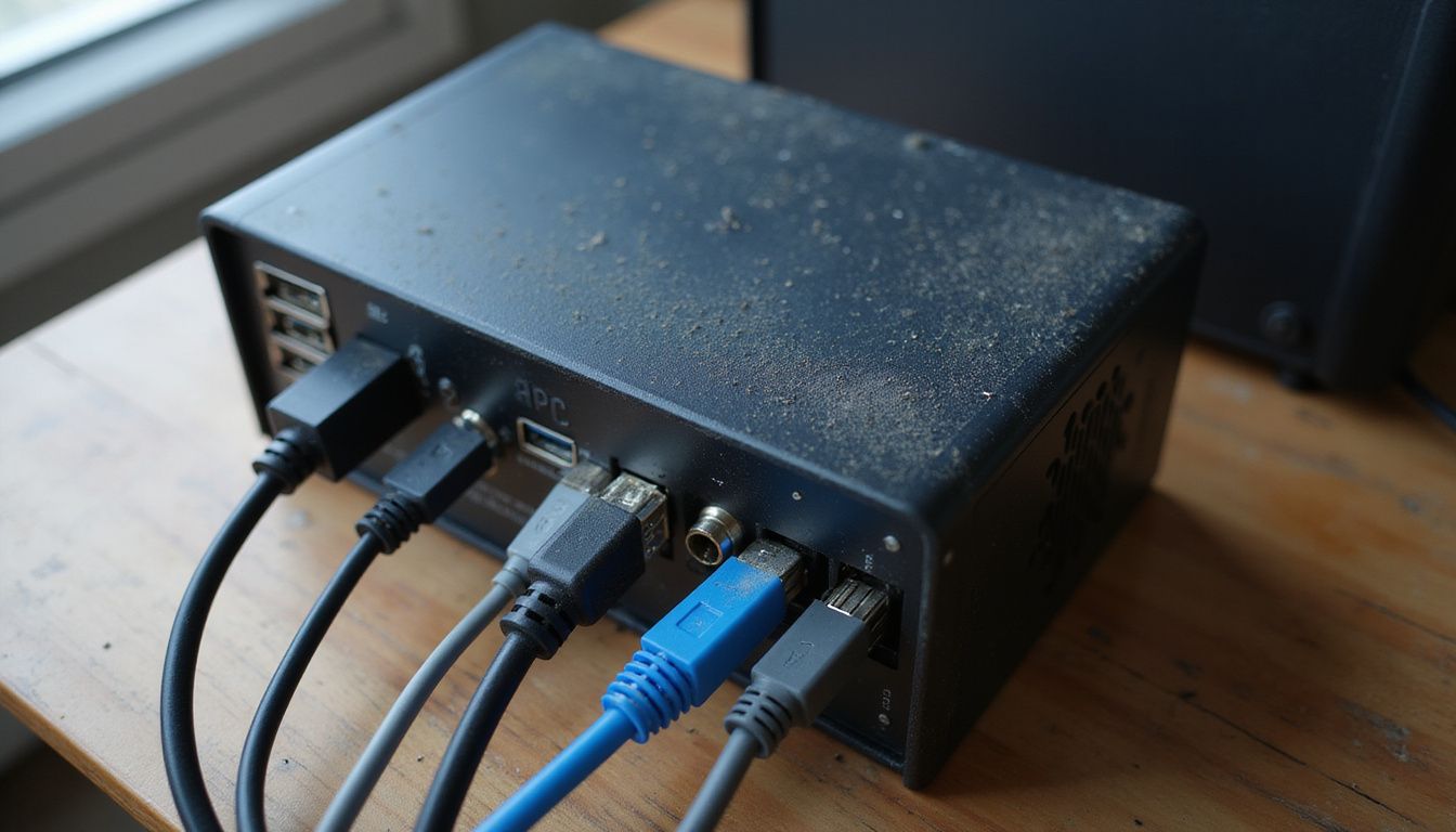 A black UPS power supply surrounded by worn cables on a desk.