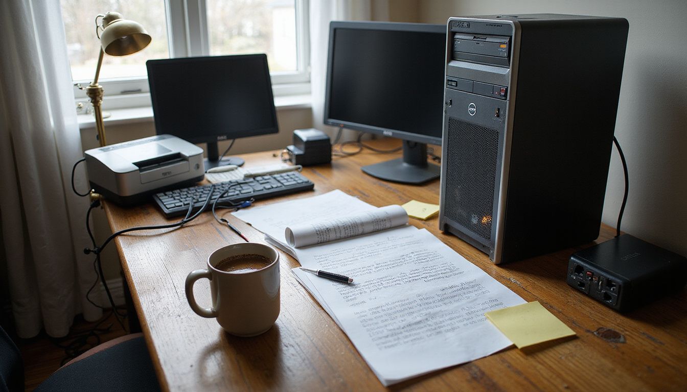 A detailed home office workspace with organized chaos and technology.