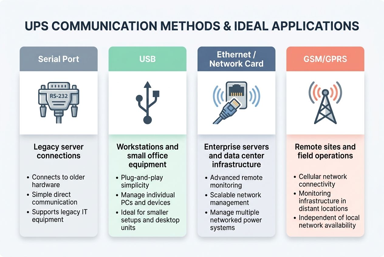 An infographic detailing UPS communication methods including Serial Port, USB, Ethernet, and GSM/GPRS.