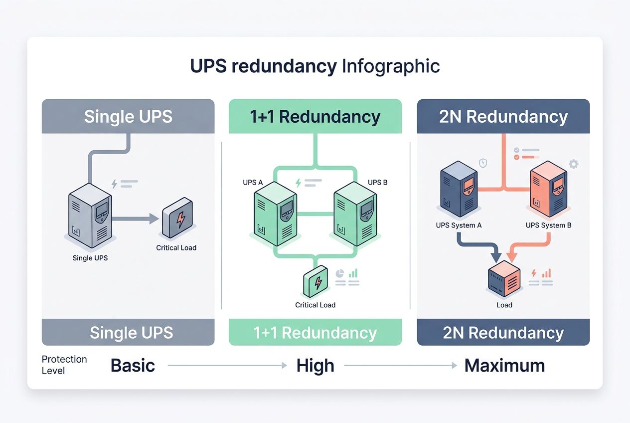 A comparative chart showing Single UPS, 1+1 Redundancy, and 2N Redundancy protection levels.