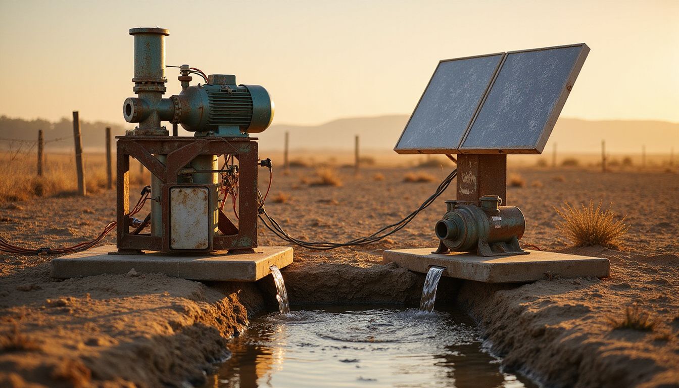 The image showcases two solar pump installations in weathered farmland, highlighting contrasting technologies and environmental wear. The image showcases two solar pump installations in weathered farmland, highlighting contrasting technologies and environmental wear.