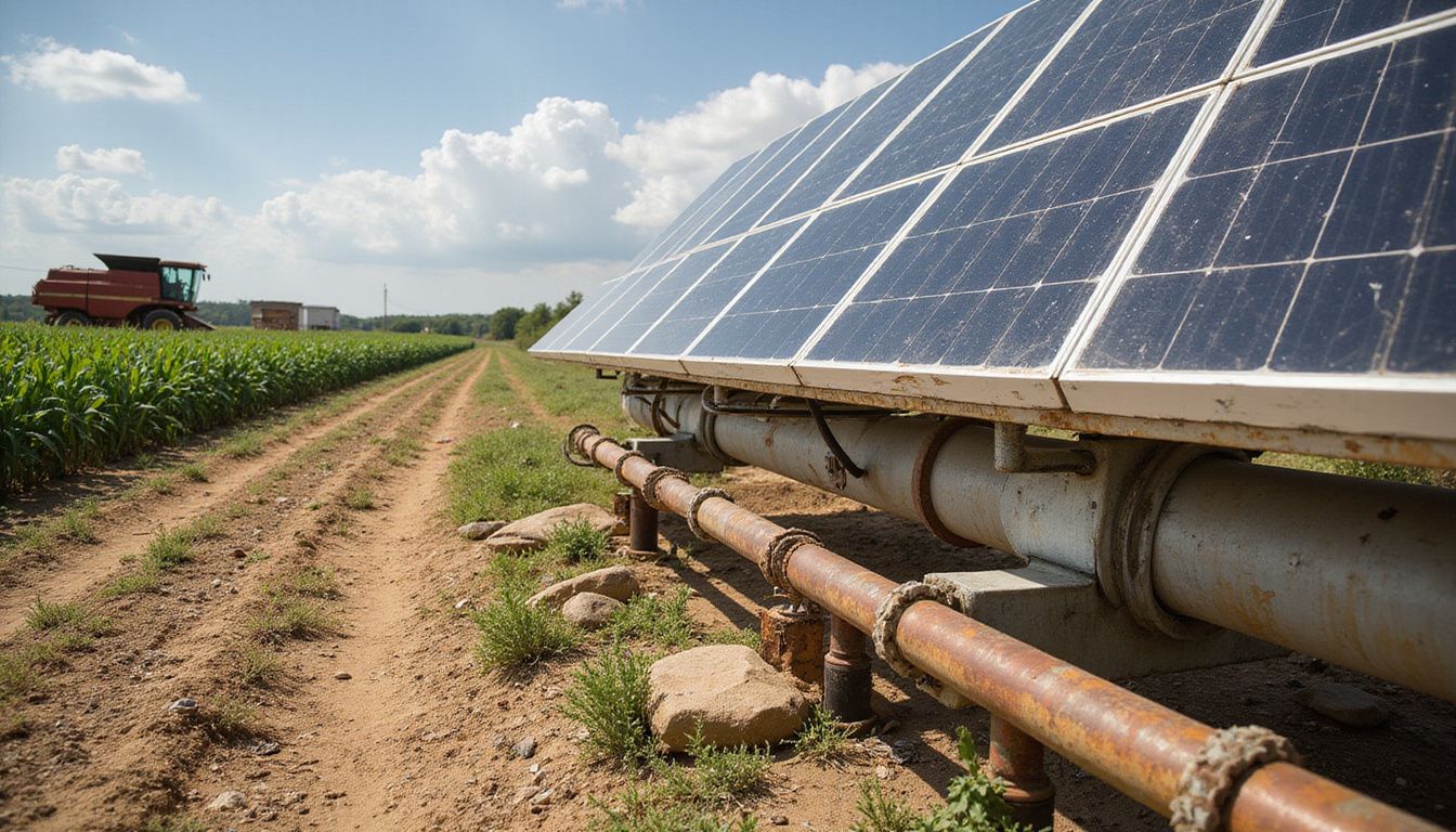 A contemporary solar array contrasts with aging irrigation infrastructure on an agricultural property featuring crops and rusty machinery. A contemporary solar array contrasts with aging irrigation infrastructure on an agricultural property featuring crops and rusty machinery.