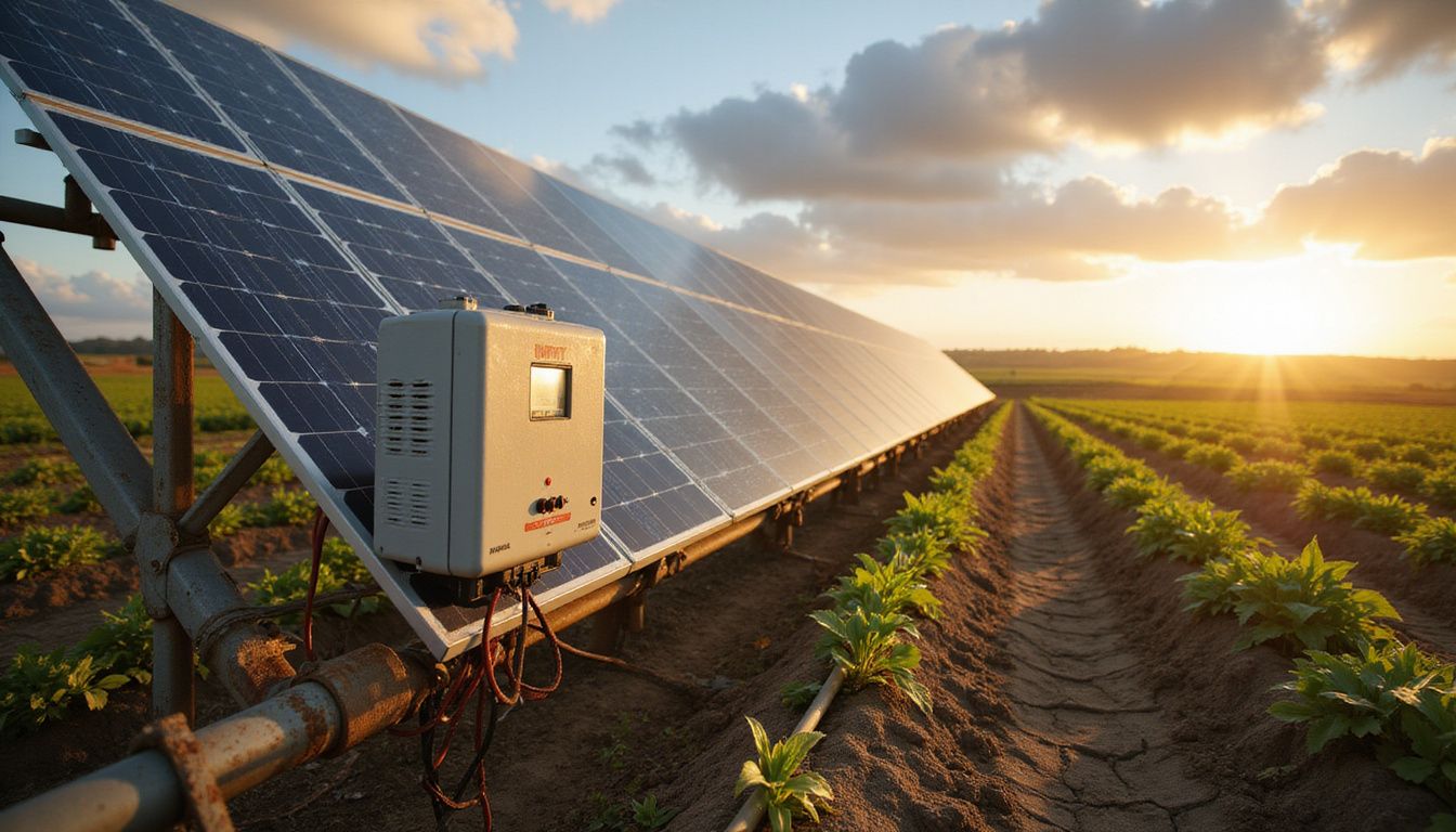 A solar-powered irrigation system operates in a vast agricultural landscape, featuring photovoltaic panels and monitoring equipment servicing growing crops. A solar-powered irrigation system operates in a vast agricultural landscape, featuring photovoltaic panels and monitoring equipment servicing growing crops.
