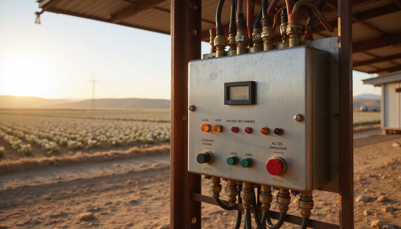A weathered solar pump controller in a rural setting oversees irrigated alfalfa and cotton fields with visible wear and dust. A weathered solar pump controller in a rural setting oversees irrigated alfalfa and cotton fields with visible wear and dust.