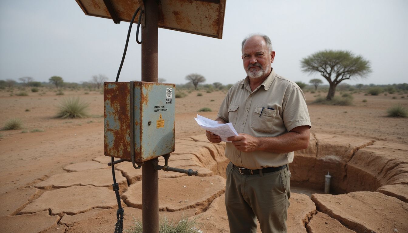 A weathered man inspects a solar panel array in an arid agricultural field with a hand-excavated well nearby. A weathered man inspects a solar panel array in an arid agricultural field with a hand-excavated well nearby.