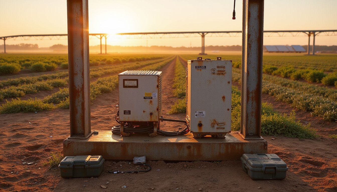 A weathered solar pump inverter setup stands in an agricultural field, surrounded by irrigation equipment and a center pivot system. A weathered solar pump inverter setup stands in an agricultural field, surrounded by irrigation equipment and a center pivot system.