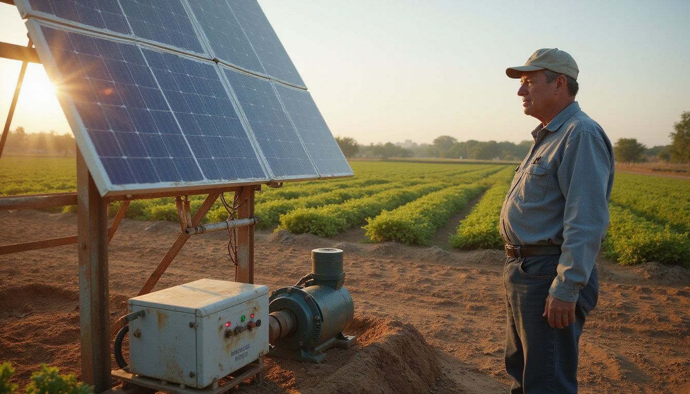 A rural solar water pumping installation with a weathered man overseeing it amidst agricultural crops and dusty soil. A rural solar water pumping installation with a weathered man overseeing it amidst agricultural crops and dusty soil.