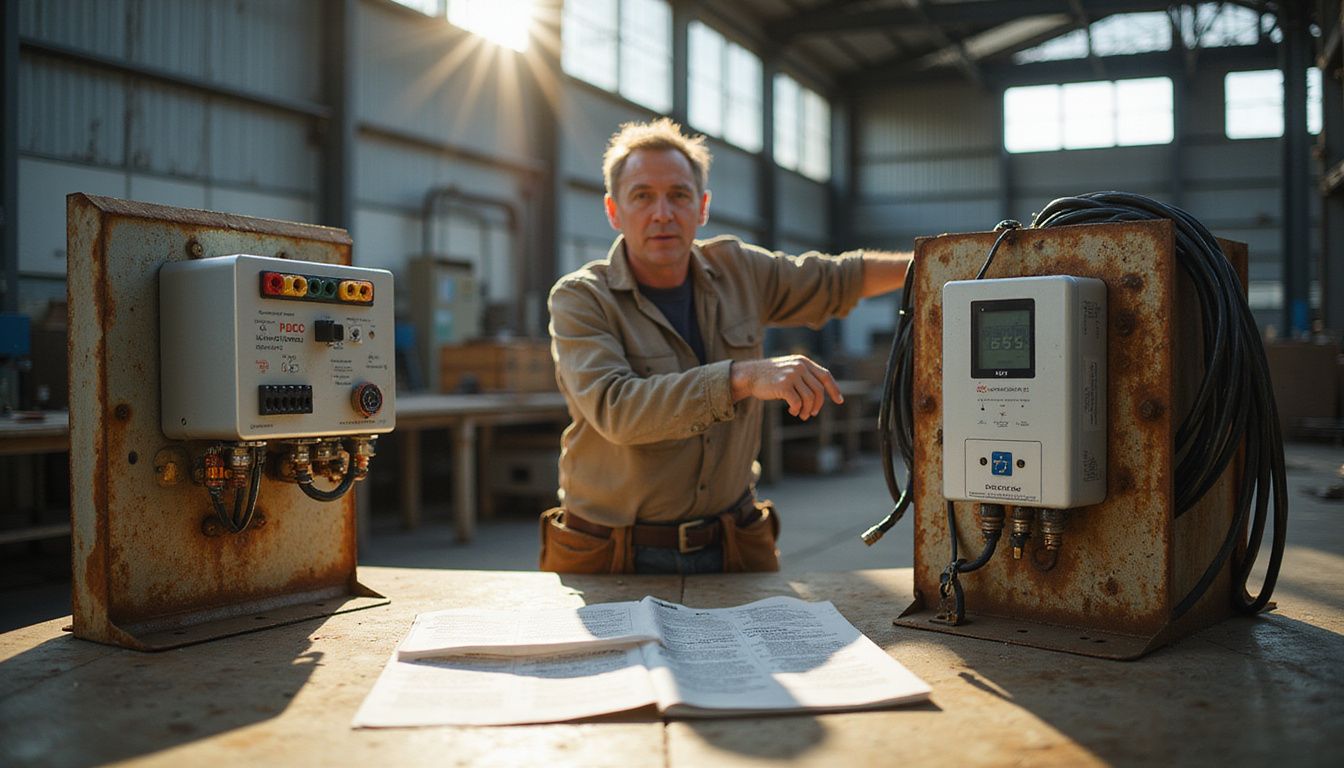 A middle-aged man points to two solar pump control devices mounted on a weathered metal bracket in an industrial warehouse. A middle-aged man points to two solar pump control devices mounted on a weathered metal bracket in an industrial warehouse.