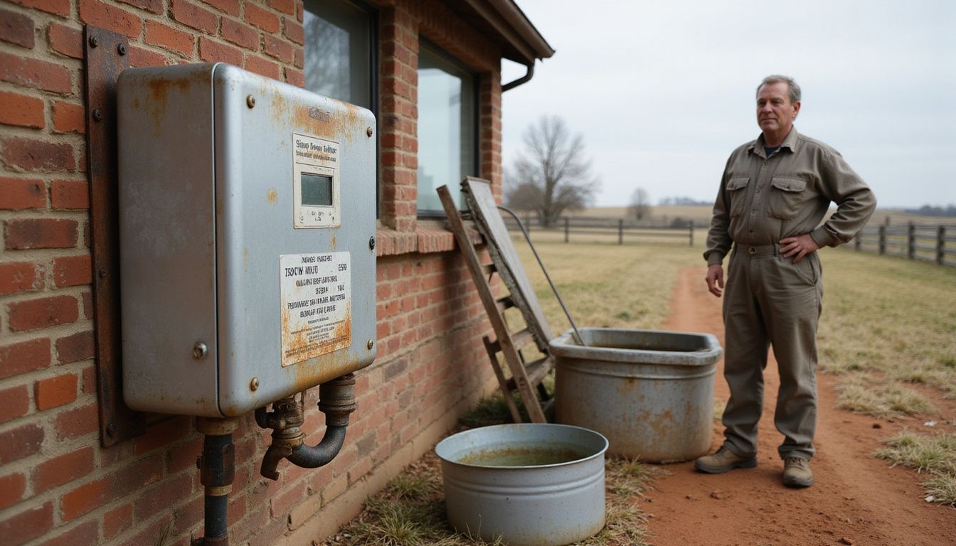 A weathered solar pump inverter is mounted on a rustic farmhouse wall, while a man observes it attentively nearby. A weathered solar pump inverter is mounted on a rustic farmhouse wall, while a man observes it attentively nearby.