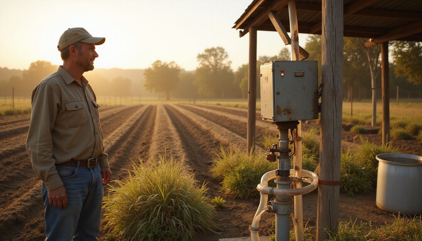 A weathered farmer stands beside a rustic water pump on a working farm with solar panels and irrigation infrastructure. A weathered farmer stands beside a rustic water pump on a working farm with solar panels and irrigation infrastructure.