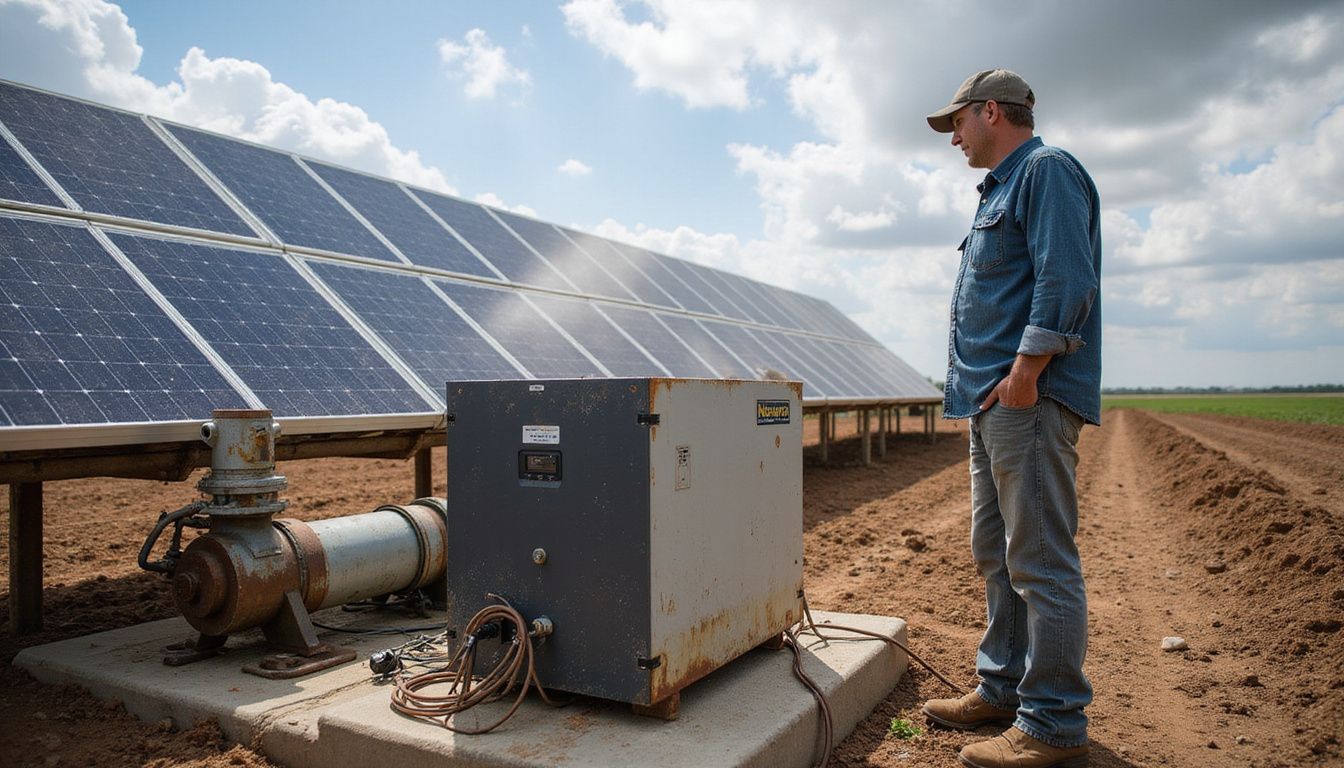 A farmer inspects a weathered solar-powered water pumping installation near an active agricultural field. A farmer inspects a weathered solar-powered water pumping installation near an active agricultural field.
