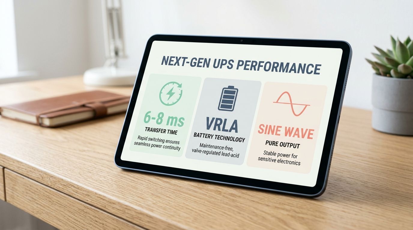 A clean tablet screen displaying a UPS specification sheet with transfer times and battery types. A clean tablet screen displaying a UPS specification sheet with transfer times and battery types.