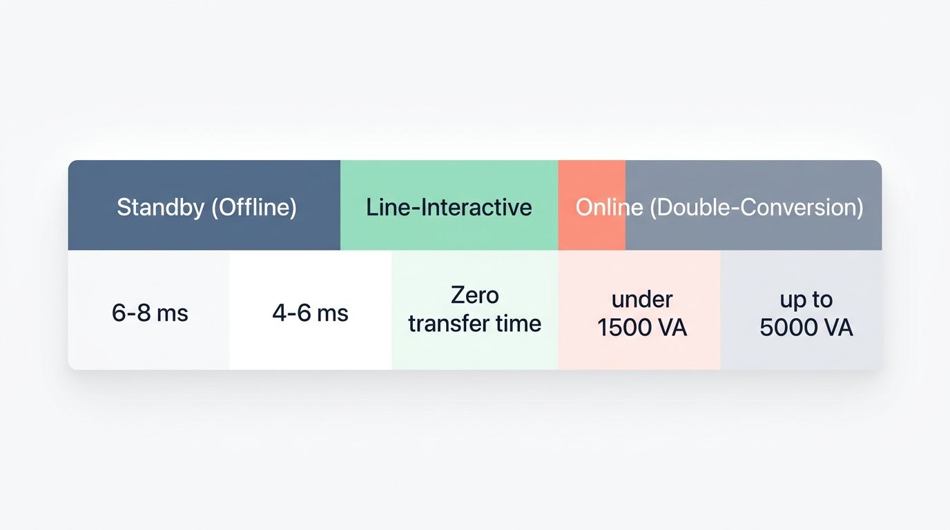 A clean digital comparison table of Standby, Line-Interactive, and Online UPS topologies. A clean digital comparison table of Standby, Line-Interactive, and Online UPS topologies.