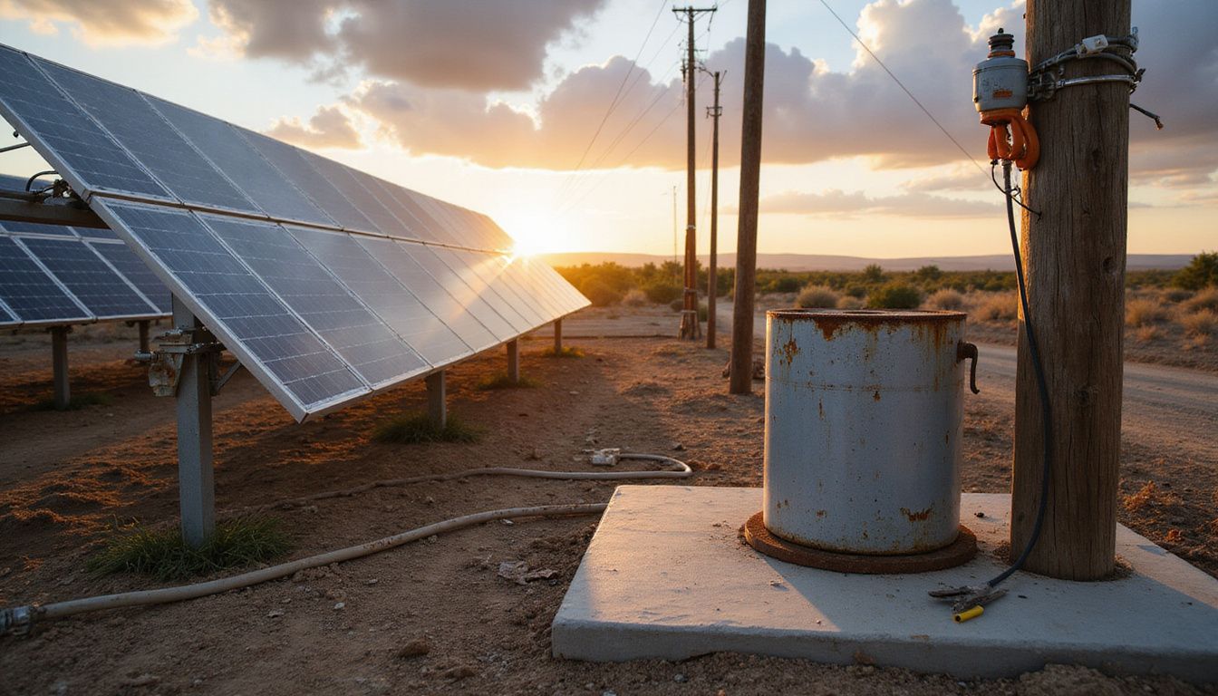A rural agricultural property features newly installed solar panels, an irrigation well, and tools against a semi-arid landscape. A rural agricultural property features newly installed solar panels, an irrigation well, and tools against a semi-arid landscape.