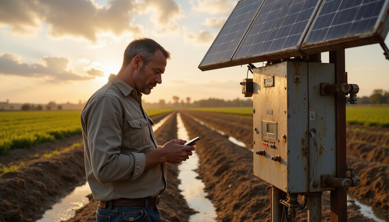 A man inspects a solar pump system on a well-organized agricultural property with visible irrigation channels. A man inspects a solar pump system on a well-organized agricultural property with visible irrigation channels.
